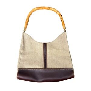 Mondani New York Canvas Leather Bamboo Handle Hobo Bag Brown Beige